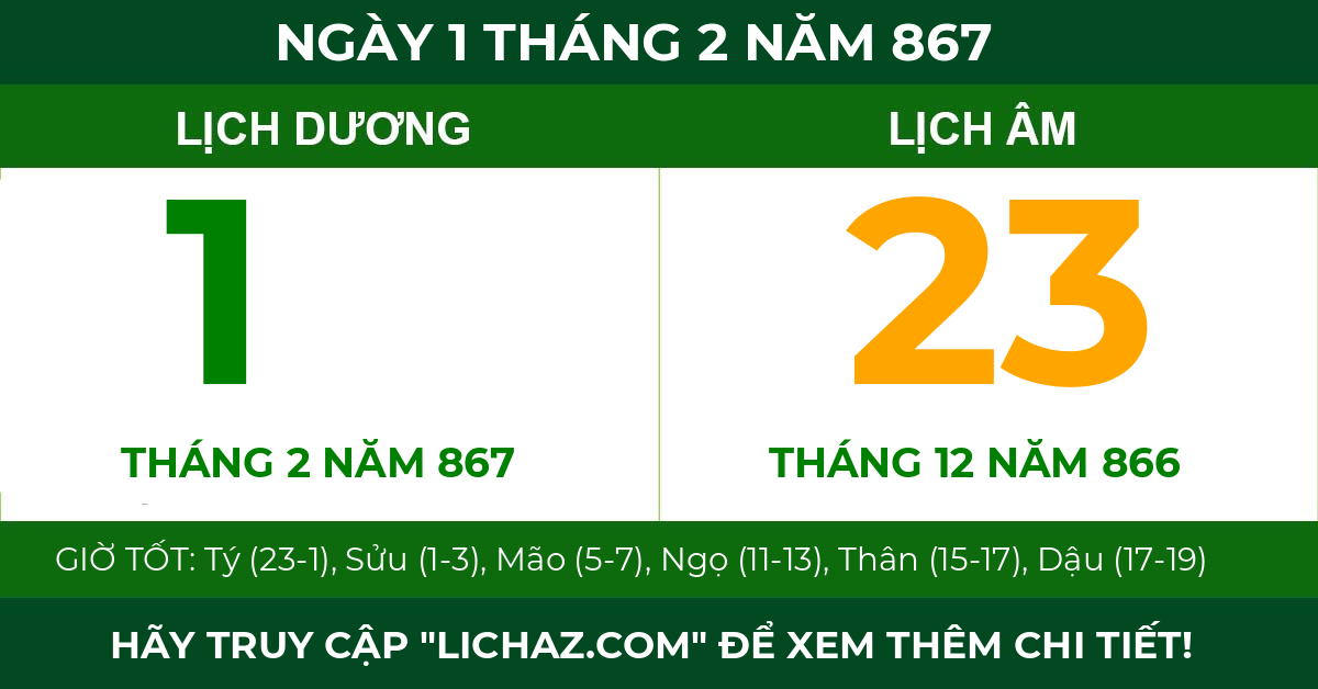 lịch âm ngày 1 tháng 2 năm 867