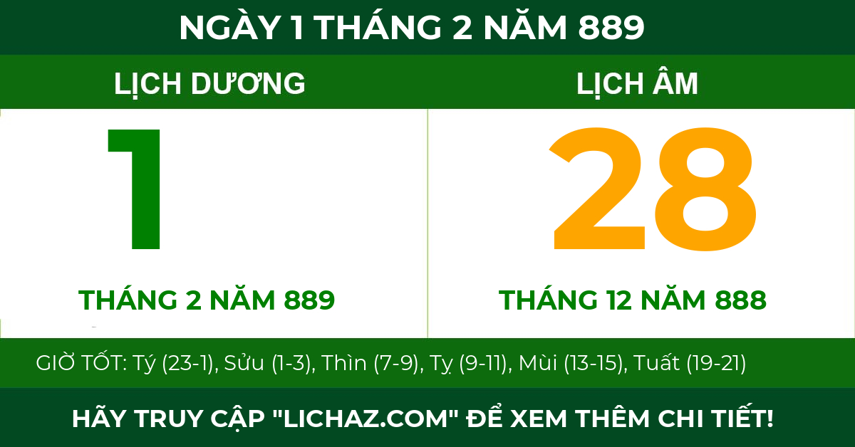 lịch âm ngày 1 tháng 2 năm 889