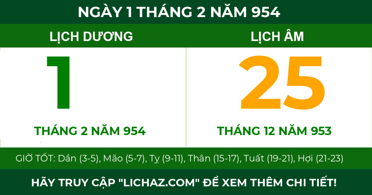 lịch âm ngày 1 tháng 2 năm 954