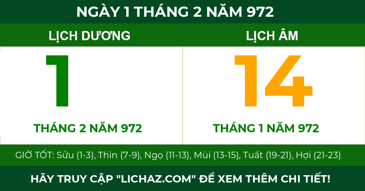 lịch âm ngày 1 tháng 2 năm 972
