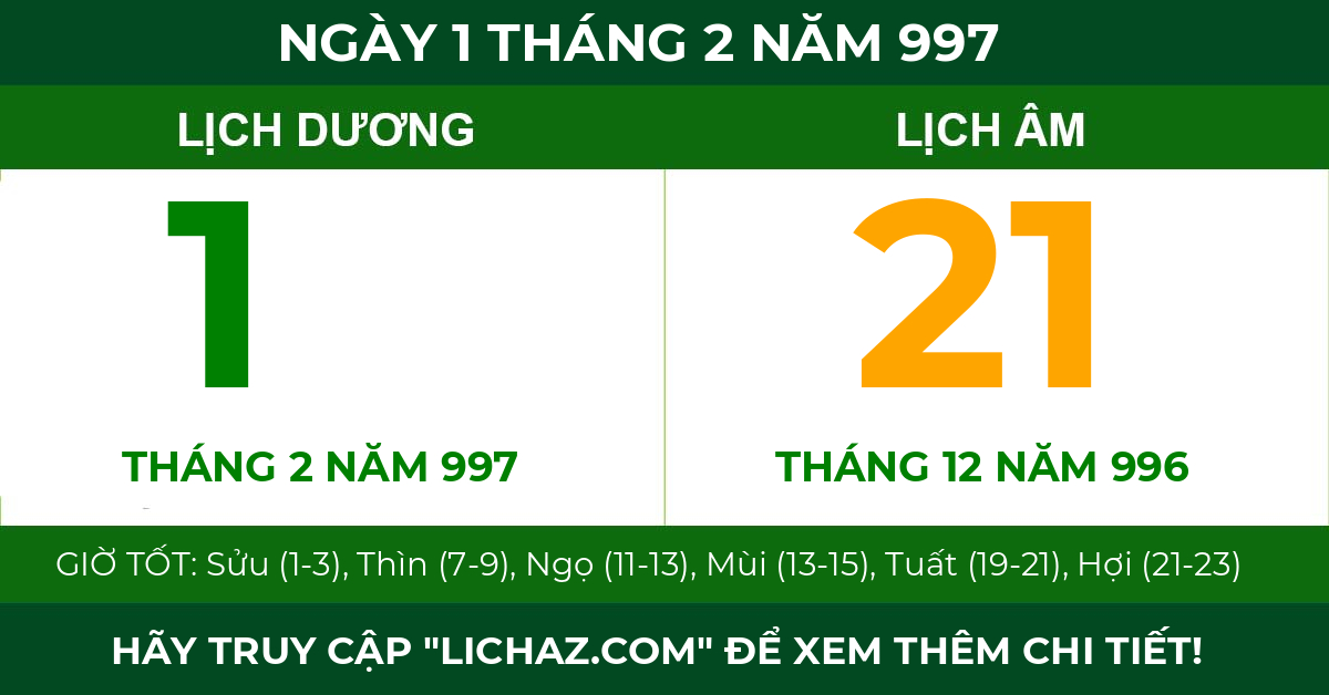 lịch âm ngày 1 tháng 2 năm 997