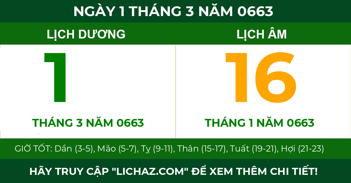 lịch âm ngày 1 tháng 3 năm 0663