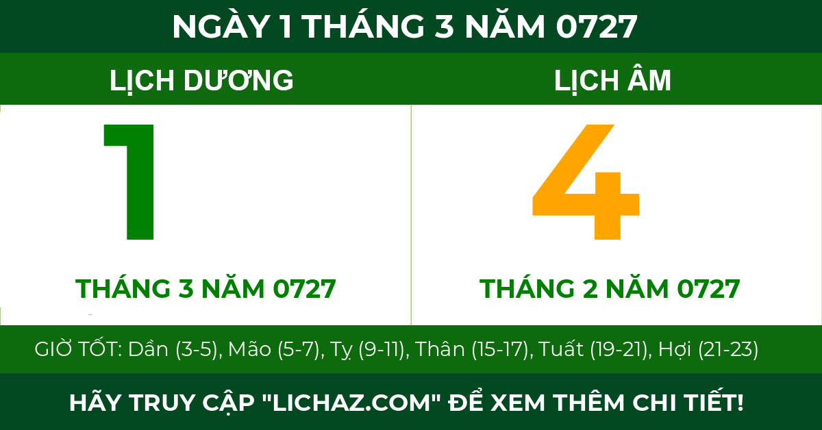lịch âm ngày 1 tháng 3 năm 0727