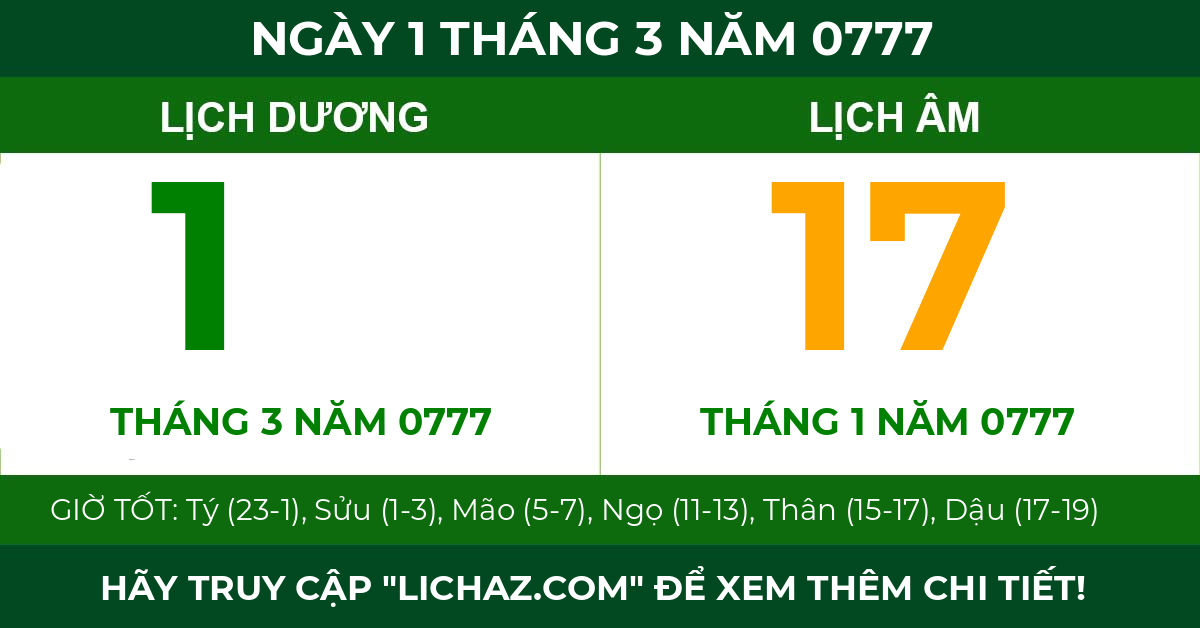 lịch âm ngày 1 tháng 3 năm 0777