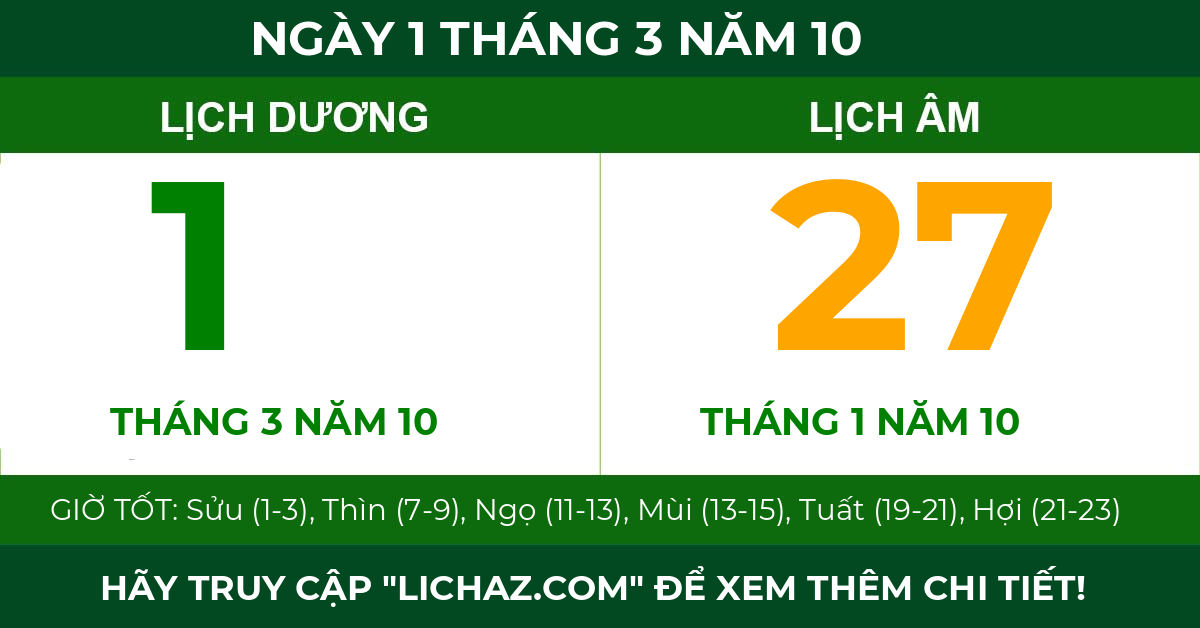lịch âm ngày 1 tháng 3 năm 10