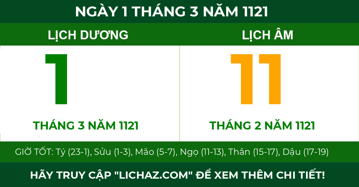 lịch âm ngày 1 tháng 3 năm 1121