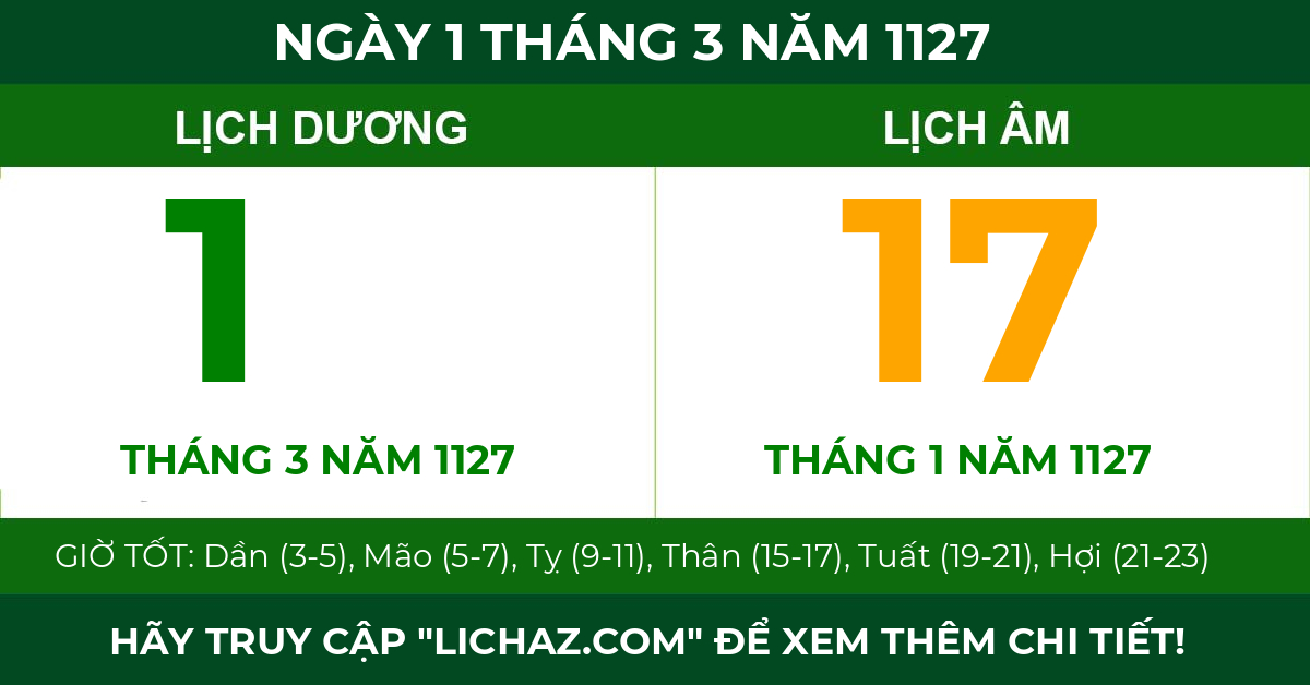 lịch âm ngày 1 tháng 3 năm 1127