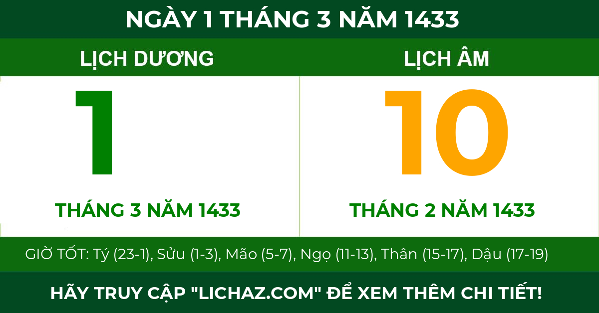 lịch âm ngày 1 tháng 3 năm 1433