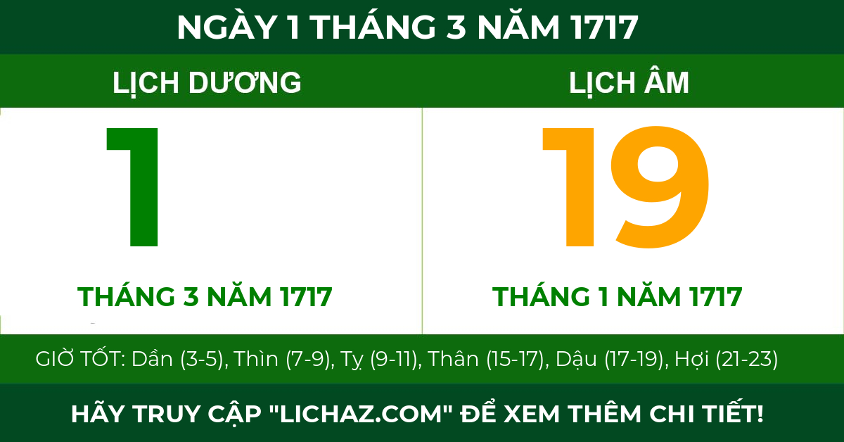 lịch âm ngày 1 tháng 3 năm 1717