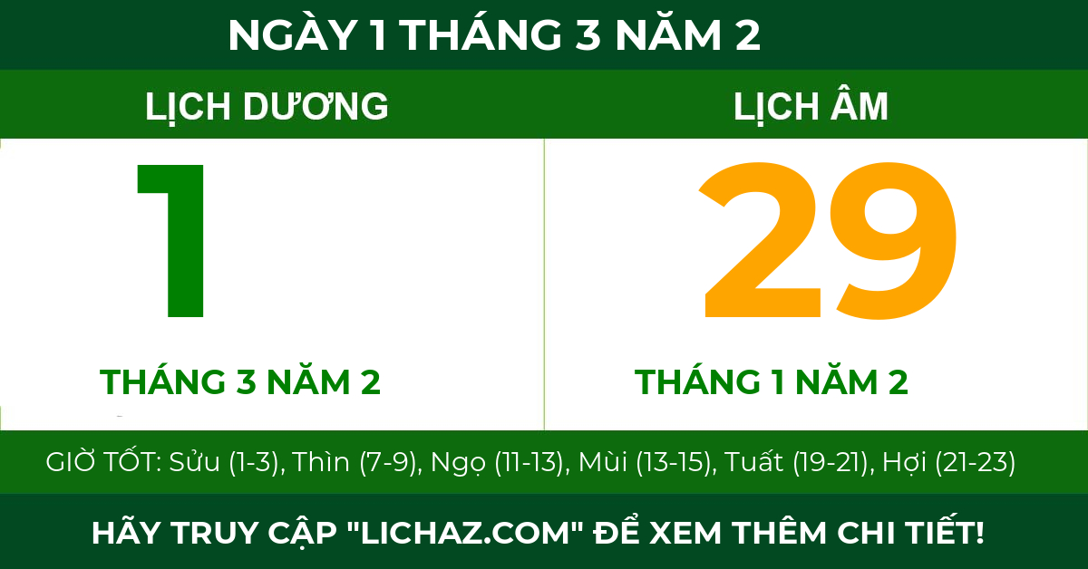 lịch âm ngày 1 tháng 3 năm 2