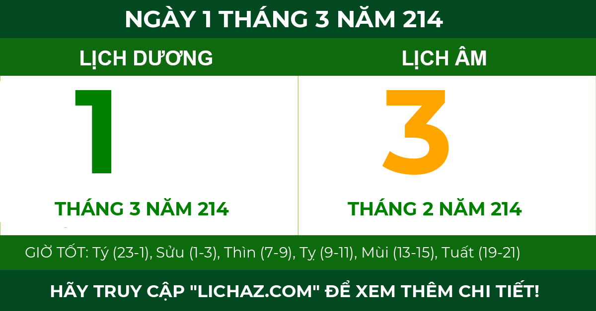 lịch âm ngày 1 tháng 3 năm 214
