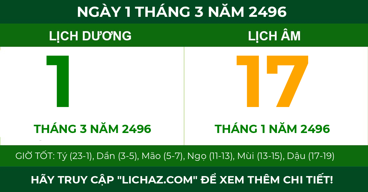 lịch âm ngày 1 tháng 3 năm 2496