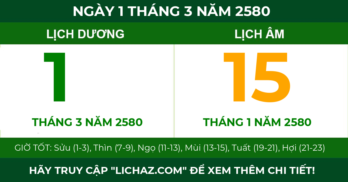 lịch âm ngày 1 tháng 3 năm 2580
