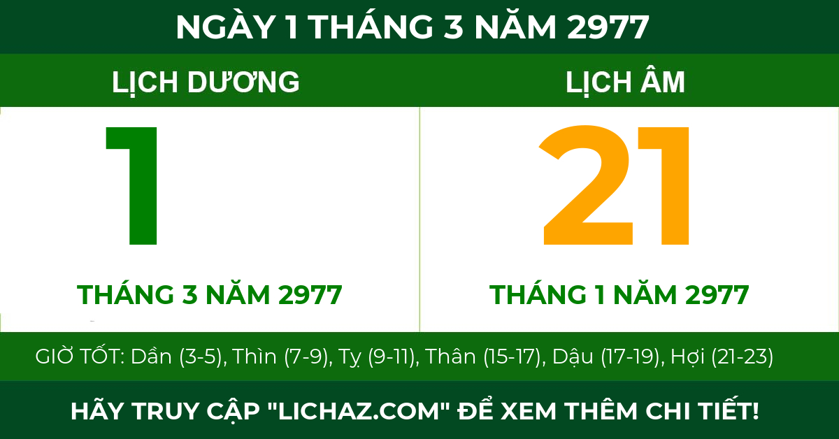 lịch âm ngày 1 tháng 3 năm 2977