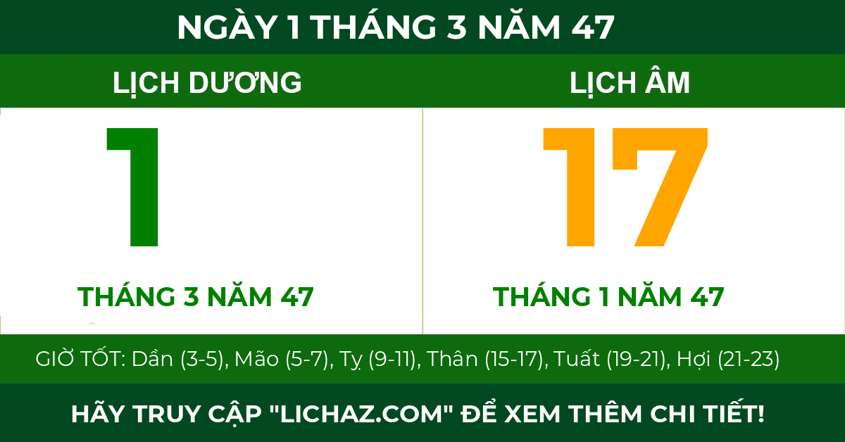 lịch âm ngày 1 tháng 3 năm 47