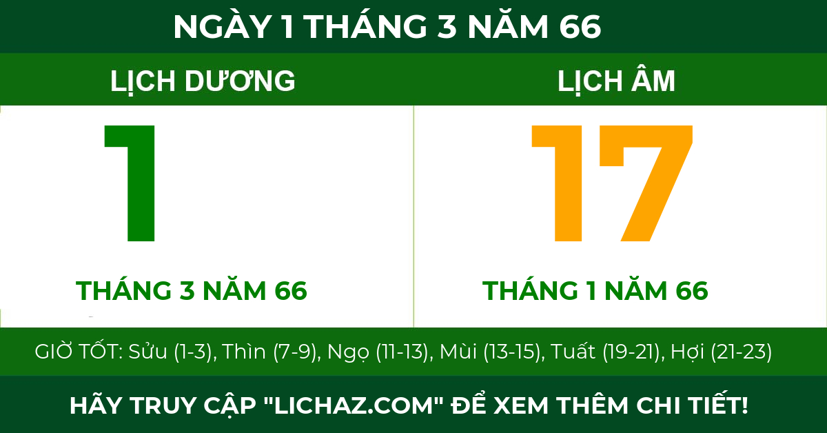 lịch âm ngày 1 tháng 3 năm 66