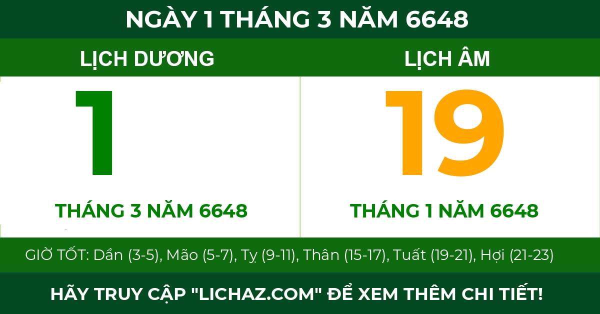 lịch âm ngày 1 tháng 3 năm 6648