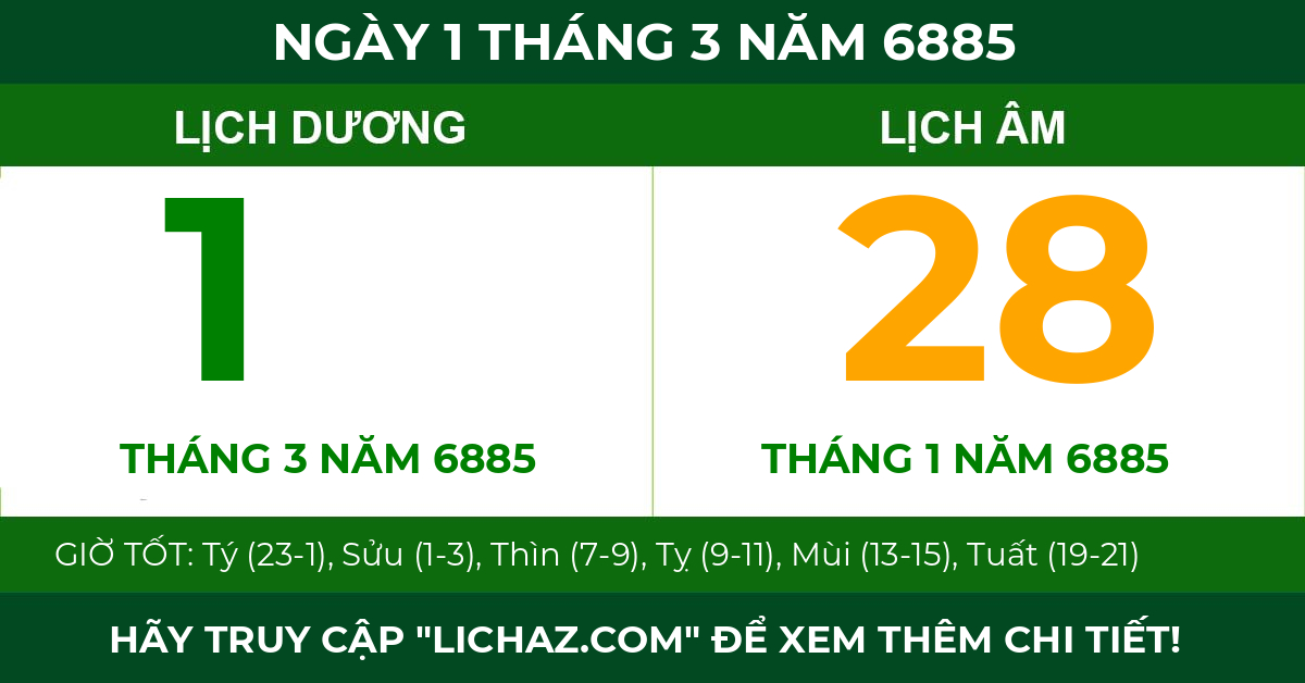 lịch âm ngày 1 tháng 3 năm 6885