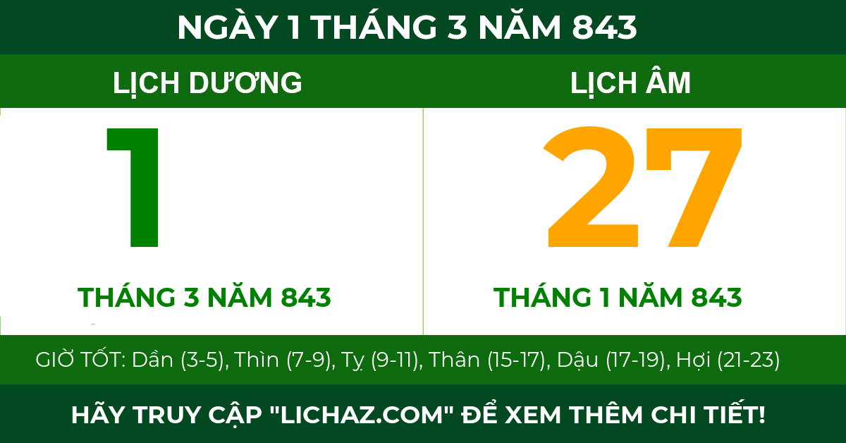 lịch âm ngày 1 tháng 3 năm 843