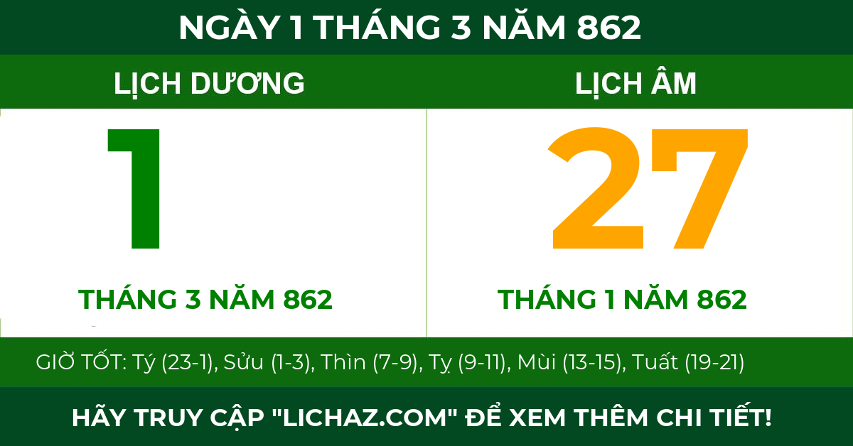 lịch âm ngày 1 tháng 3 năm 862