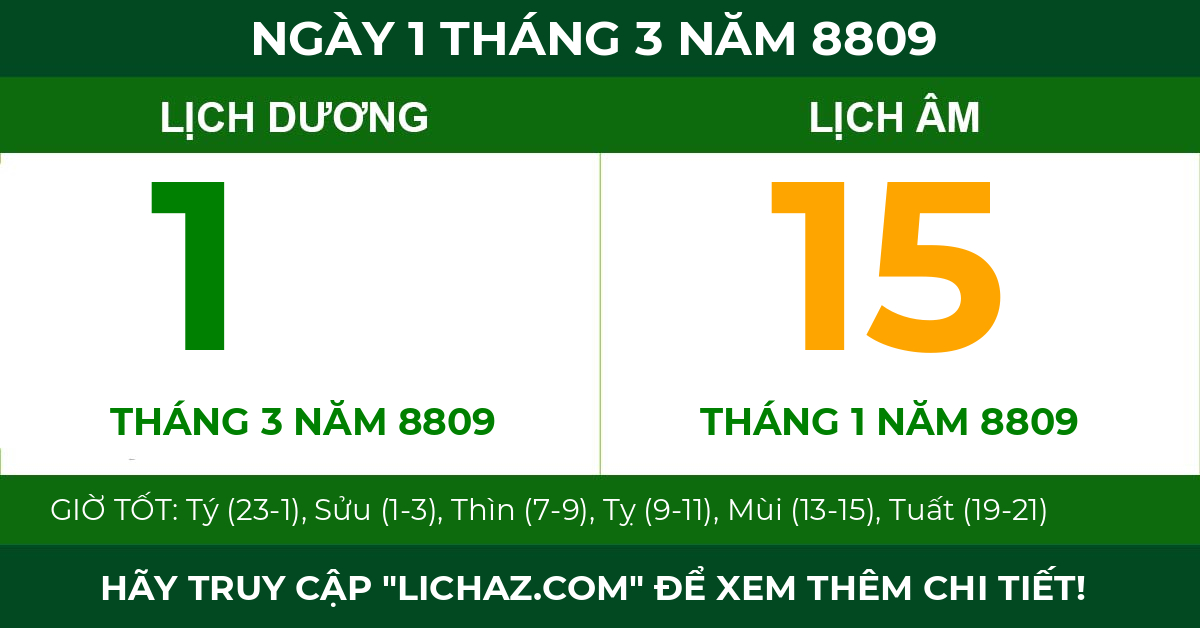 lịch âm ngày 1 tháng 3 năm 8809