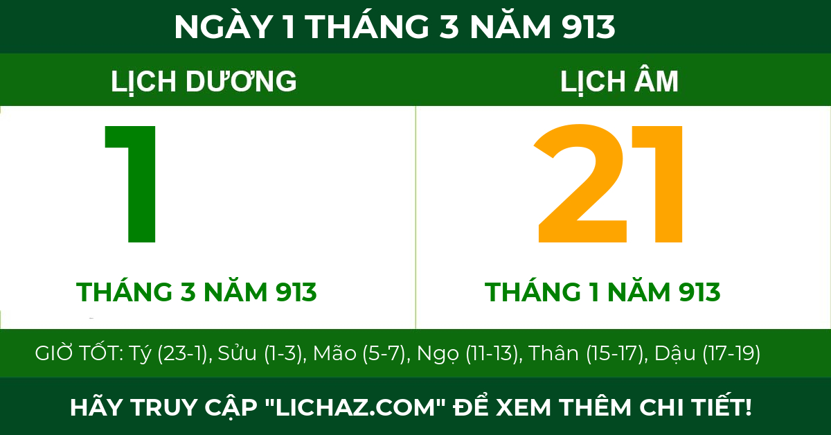 lịch âm ngày 1 tháng 3 năm 913