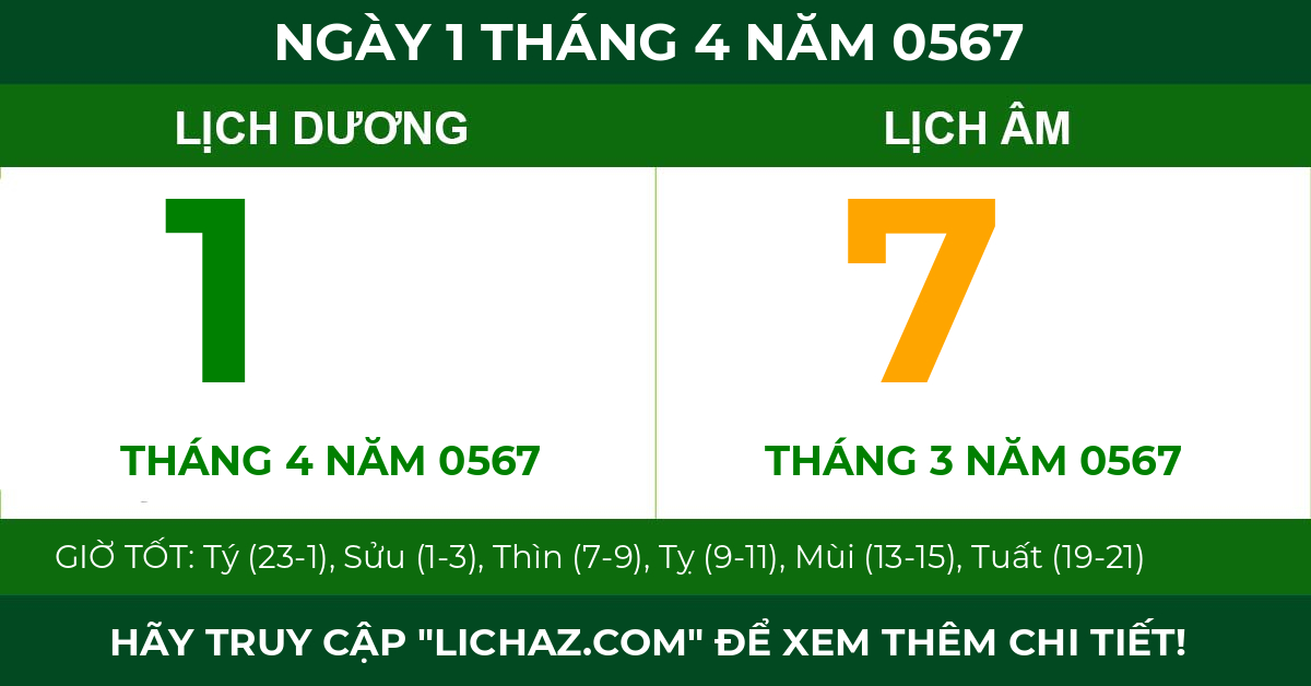 lịch âm ngày 1 tháng 4 năm 0567