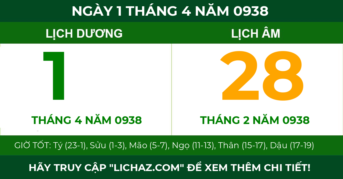 lịch âm ngày 1 tháng 4 năm 0938