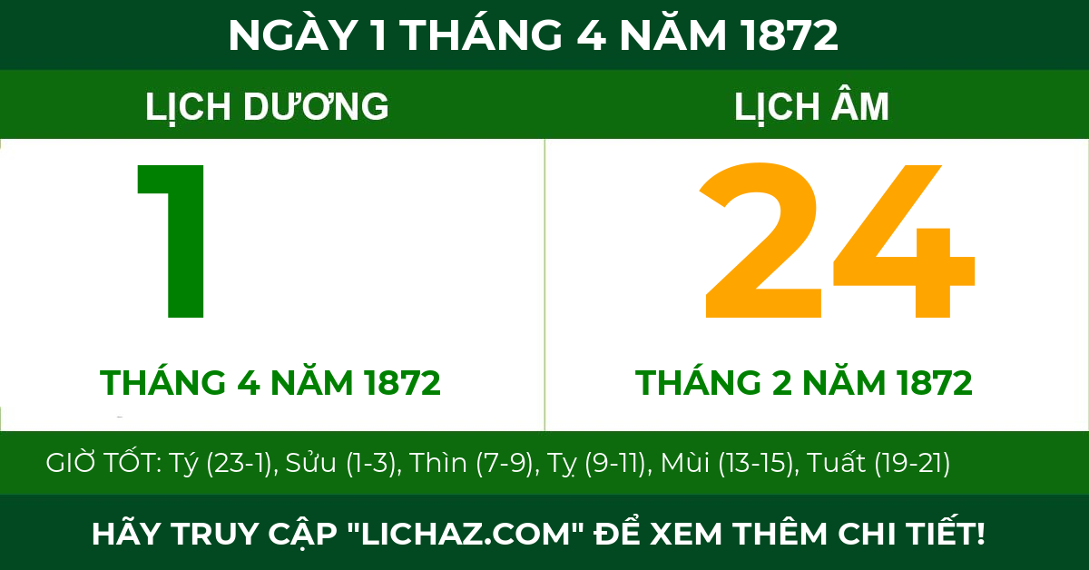lịch âm ngày 1 tháng 4 năm 1872