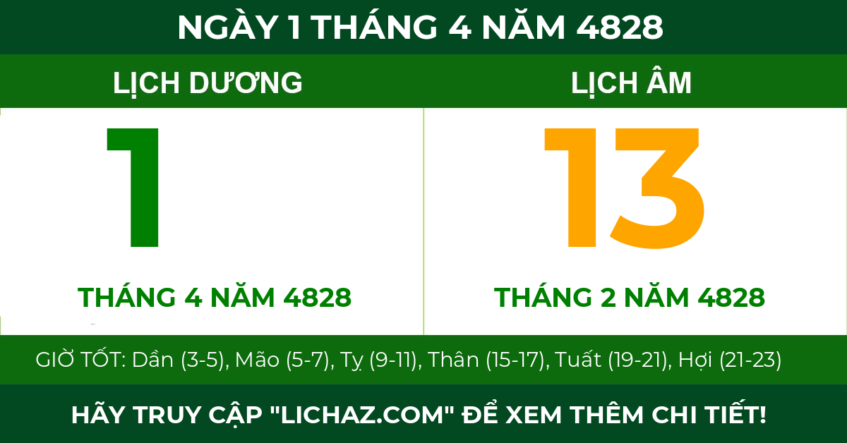 lịch âm ngày 1 tháng 4 năm 4828