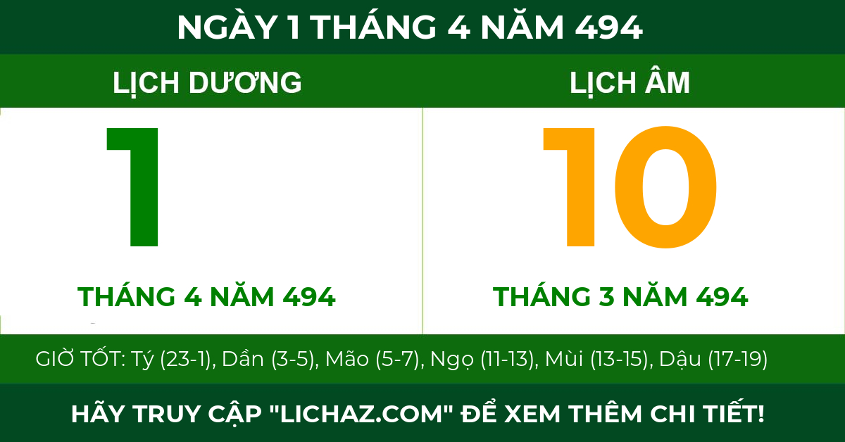 lịch âm ngày 1 tháng 4 năm 494