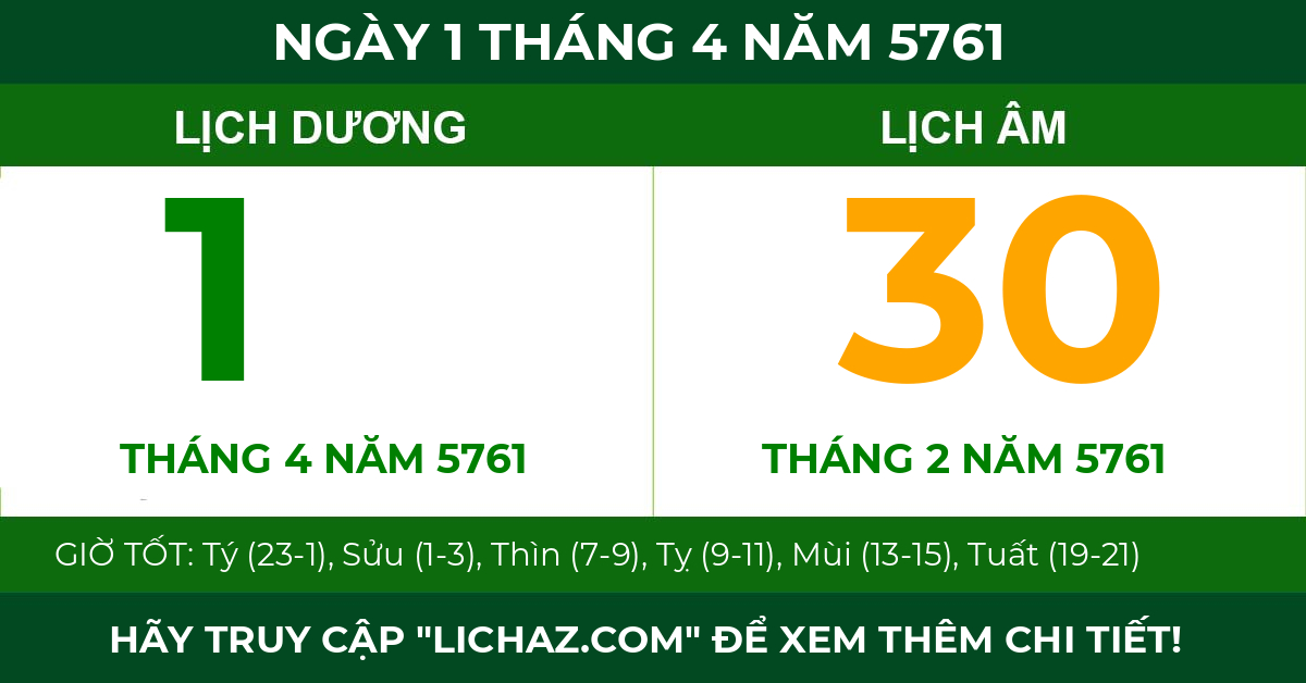 lịch âm ngày 1 tháng 4 năm 5761