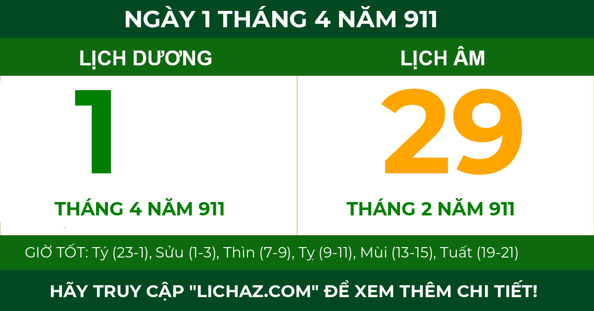 lịch âm ngày 1 tháng 4 năm 911