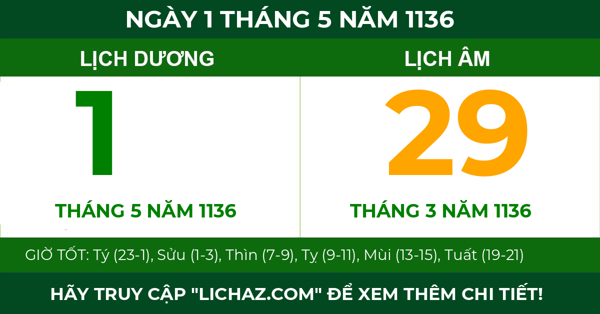 lịch âm ngày 1 tháng 5 năm 1136