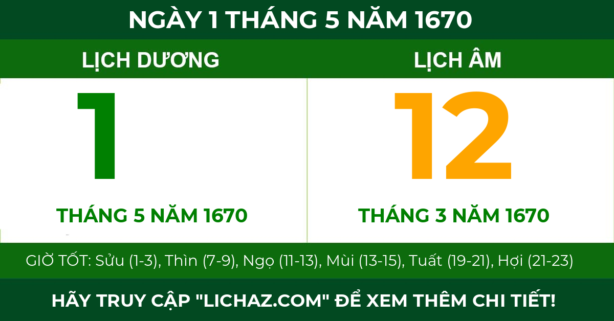 lịch âm ngày 1 tháng 5 năm 1670
