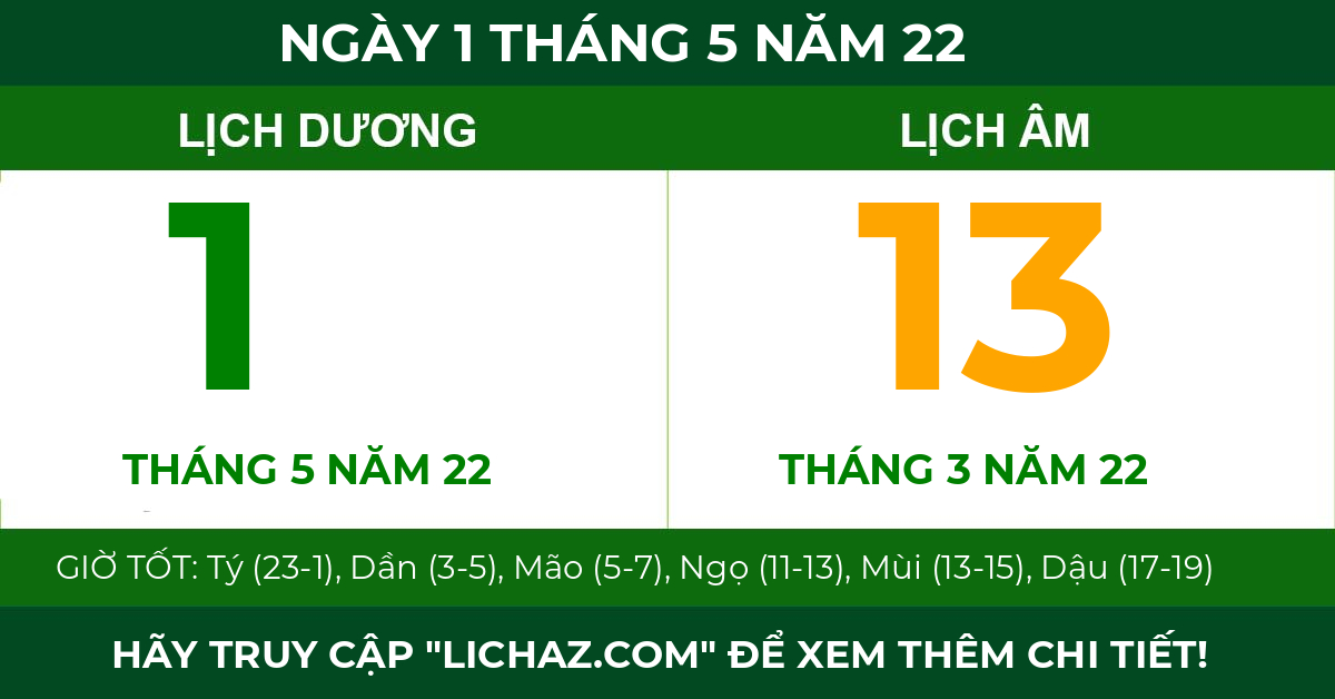 lịch âm ngày 1 tháng 5 năm 22
