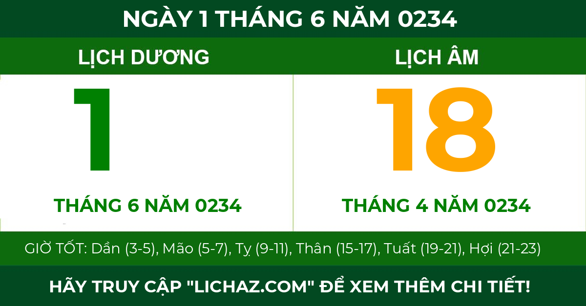 lịch âm ngày 1 tháng 6 năm 0234