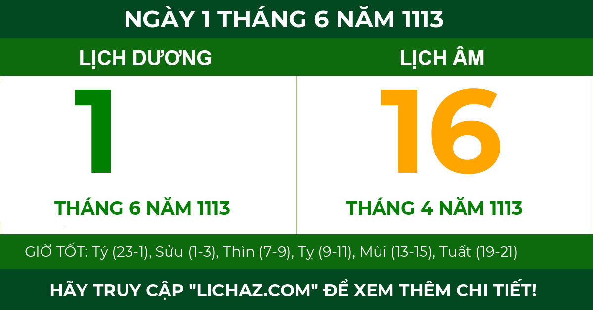 lịch âm ngày 1 tháng 6 năm 1113
