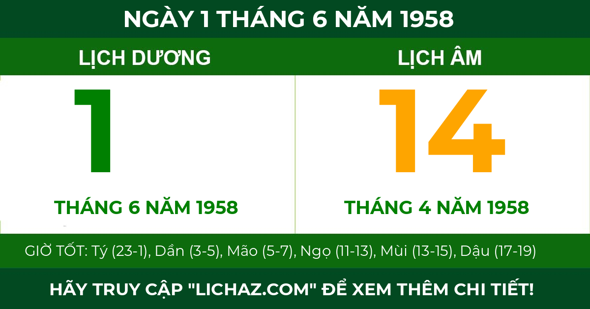lịch âm ngày 1 tháng 6 năm 1958