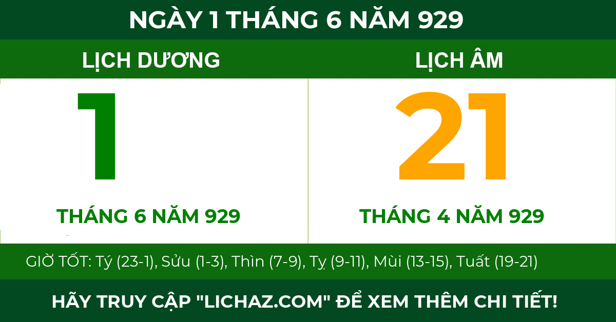 lịch âm ngày 1 tháng 6 năm 929