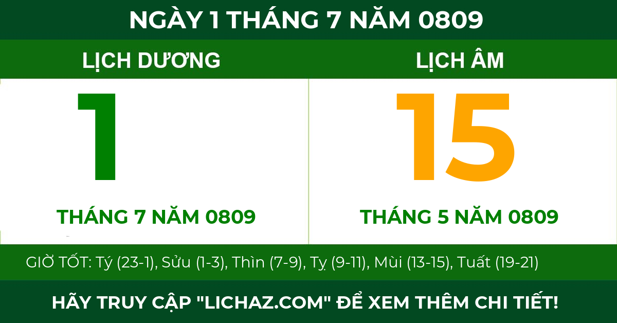 lịch âm ngày 1 tháng 7 năm 0809
