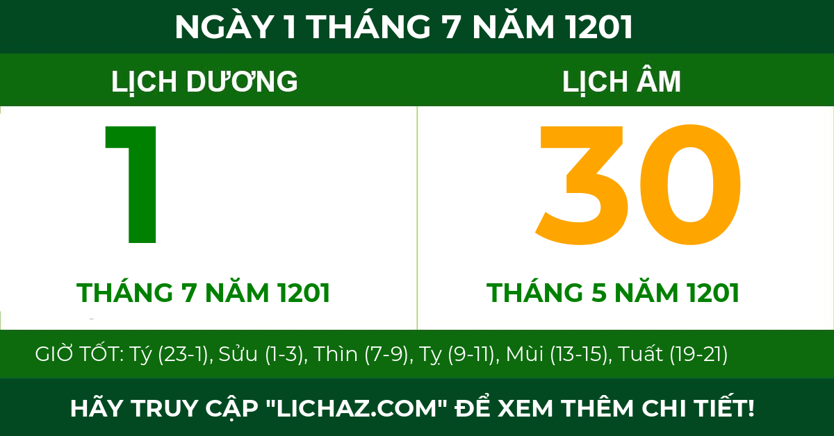 lịch âm ngày 1 tháng 7 năm 1201
