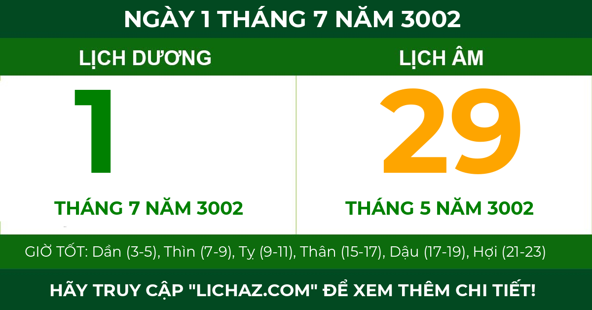 lịch âm ngày 1 tháng 7 năm 3002