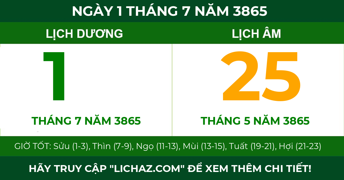 lịch âm ngày 1 tháng 7 năm 3865