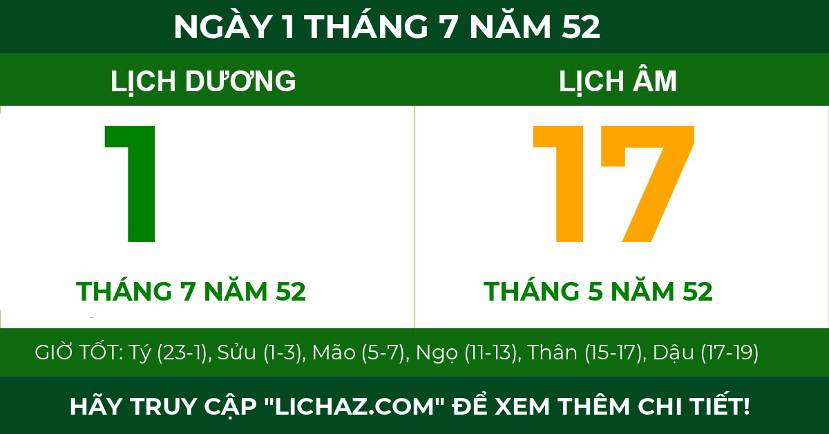 lịch âm ngày 1 tháng 7 năm 52