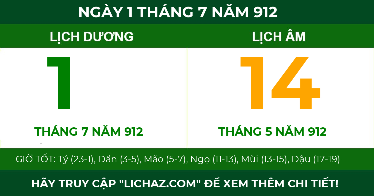 lịch âm ngày 1 tháng 7 năm 912