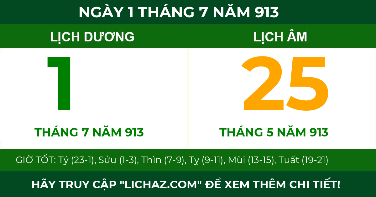 lịch âm ngày 1 tháng 7 năm 913