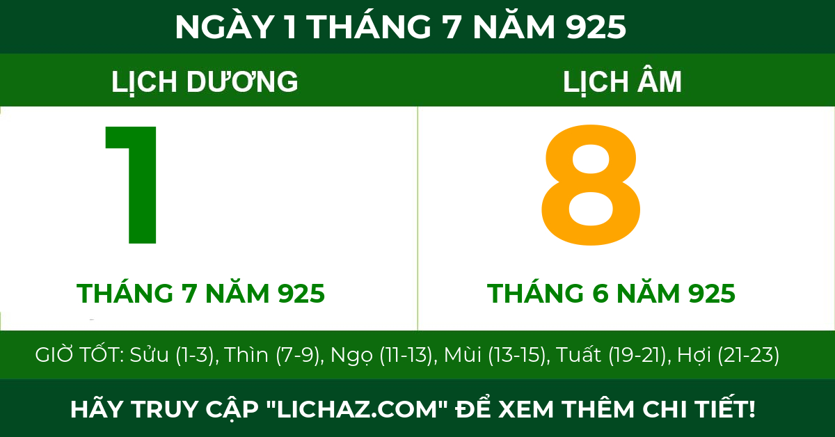 lịch âm ngày 1 tháng 7 năm 925