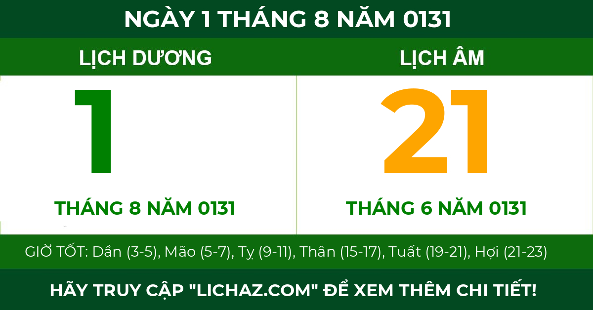 lịch âm ngày 1 tháng 8 năm 0131