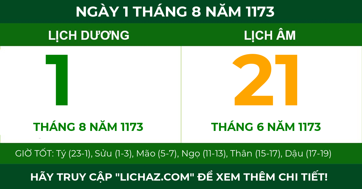 lịch âm ngày 1 tháng 8 năm 1173